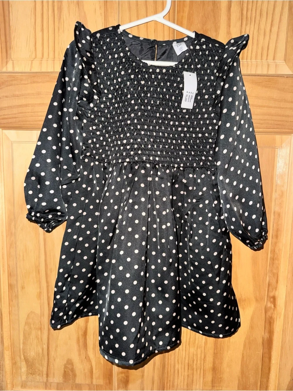 Black Smocked Dress with white polka dot Print